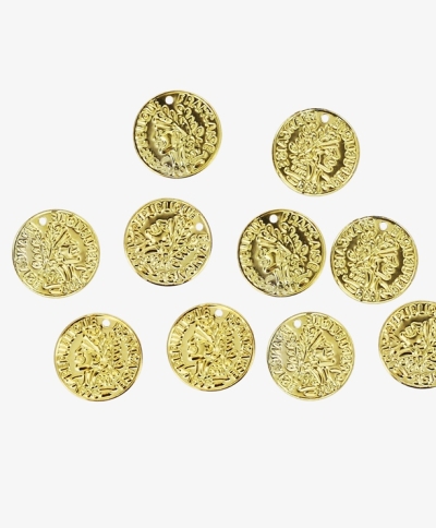 METAL ELEMENTS - IMITATION COIN FOR JEWELRY - 17mm - MODEL 02 - GOLD COLOR -  1000pcs. Hole-1.5mm