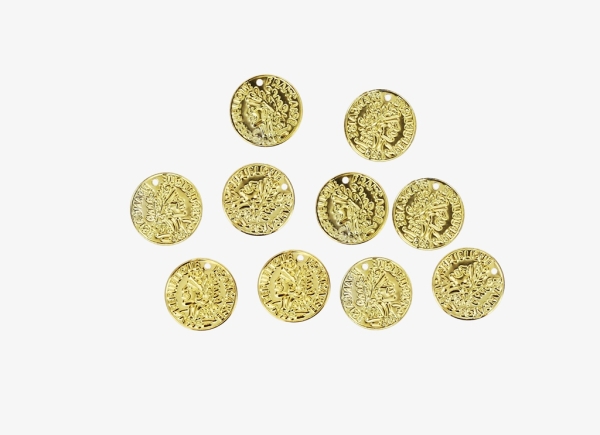 METAL ELEMENTS - IMITATION COIN FOR JEWELRY - 17mm - MODEL 02 - GOLD COLOR -  100pcs. Hole-1.5mm