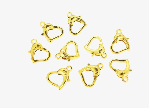 METAL ELEMENTS - OPEN HEART SHAPED LOBSTER CLAW CLASP 01 - 14x10x4mm GOLD COLOR - PACKAGE 100pcs. Hole-1.5mm