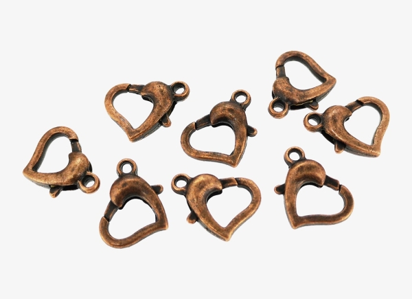 METAL ELEMENTS - OPEN HEART SHAPED LOBSTER CLAW CLASP 01 - 14x10x4mm ANTIQUE BRASS - PACKAGE 100pcs. Hole-1.5mm