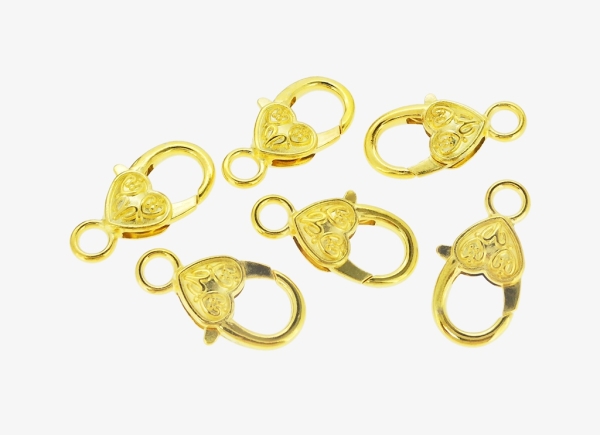 METAL ELEMENTS - HEART SHAPED LOBSTER CLAW CLASP 02 - 27x14x6mm GOLD COLOR - PACKAGE 50pcs. Hole-4.2mm