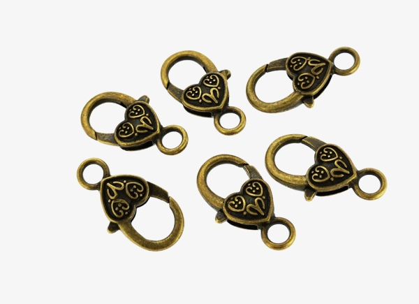 METAL ELEMENTS - HEART SHAPED LOBSTER CLAW CLASP 02 - 27x14x6mm ANTIQUE BRONZE - PACKAGE 50pcs. Hole-4.2mm