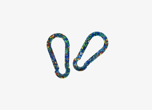 METAL ELEMENTS - CARABINER SPRING SNAP HOOK KEYCHAIN - 70x35x7 MM BLUE WITH FLOWERS - 10pcs.