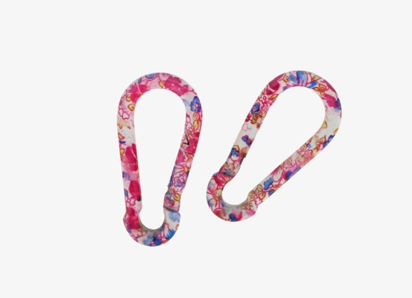 METAL ELEMENTS - CARABINER SPRING SNAP HOOK KEYCHAIN - 80x39x8 MM WHITE WITH PINK FLOWERS - 10pcs.