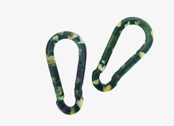 METAL ELEMENTS - CARABINER SPRING SNAP HOOK KEYCHAIN - 80x39x8 MM GREEN WITH GREEN FLOWERS - 10pcs.