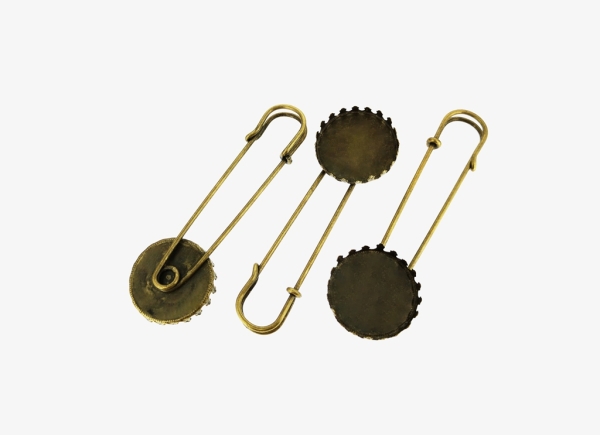 METAL ELEMENTS - LARGE SMALL SAFETY PIN WITH GLASS CABOCHON - 24mm - 70x17x6mm ANTIQUE BRONZE - 2pcs. 