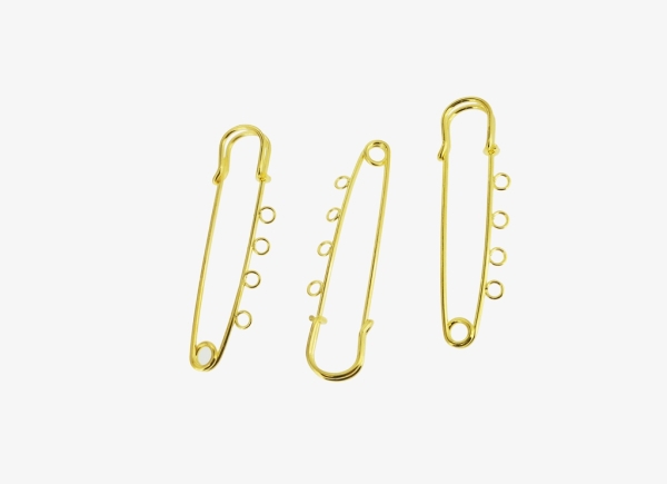 METAL ELEMENTS - LARGE SMALL SAFETY PIN WITH 4 HOLES - 70x20x6mm GOLD COLOR - 50pcs. Hole:3.0mm