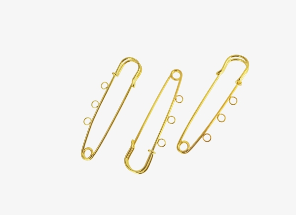 METAL ELEMENTS - LARGE SMALL SAFETY PIN WITH 3 HOLES - 70x21x6mm GOLD COLOR - 50pcs. Hole:3.0mm