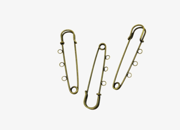 METAL ELEMENTS - LARGE SMALL SAFETY PIN WITH 3 HOLES - 70x21x6mm ANTIQUE BRONZE - 50pcs. Hole:3.0mm